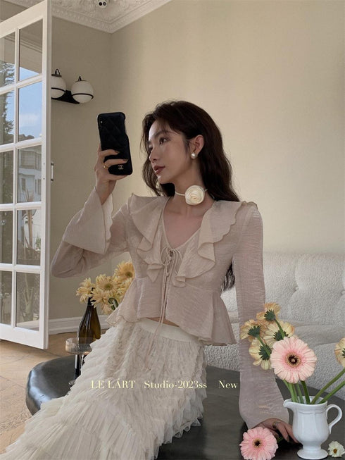 Spring Ruffled Neckline Crop Tops
